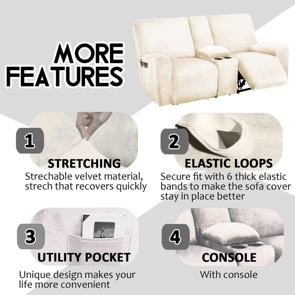 ULTICOR Reclining Loveseat with Middle Console Slipcover, 8-Piece Velvet Stretch Sofa Covers, 2 seat Loveseat Recliner Cover, Thick, Soft, Washable(Dark Grey)