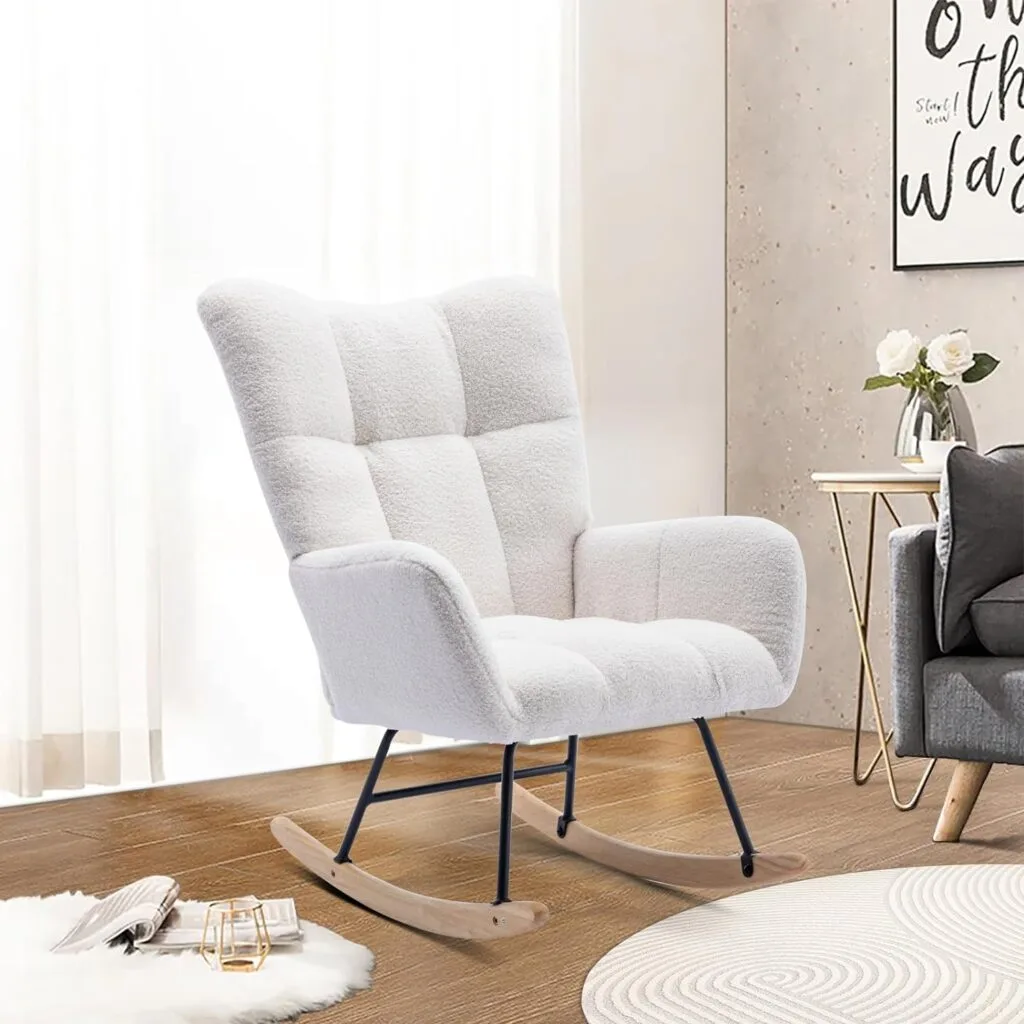 Unovivy Rocking Chair Nursery, Upholstered Nursing Armchair with Wooden Base, Baby Glider Rocker with Backrest, Small Gliding Seat for Living Room, Bedroom, Office, 30 Inches Depth, Pure White