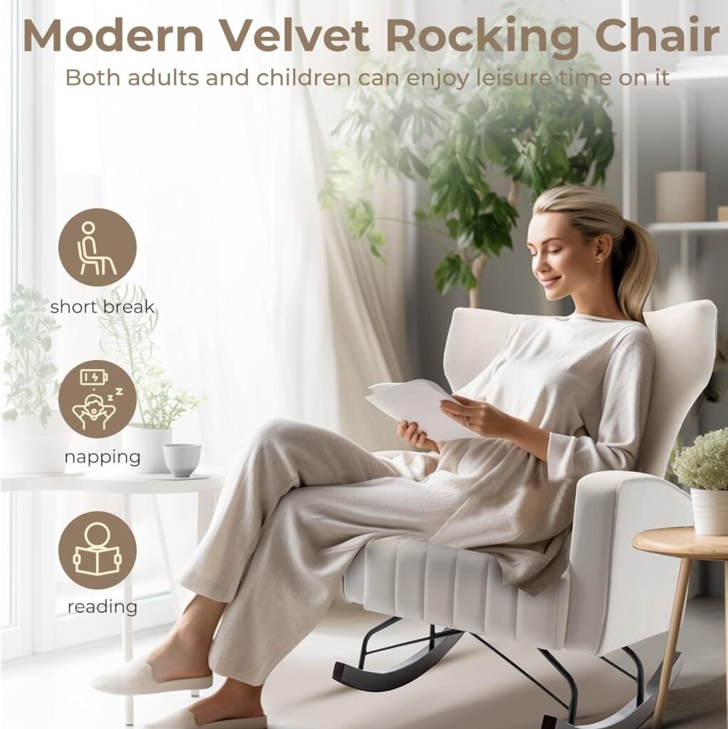 Unovivy Rocking Chair Nursery, Velvet Upholstered Nursing Armchair with Wooden Base, Baby Glider Rocker with Wide Backrest, Comfy Gliding Seat for Living Room, Bedroom, Office, 35 Inches Depth, Beige