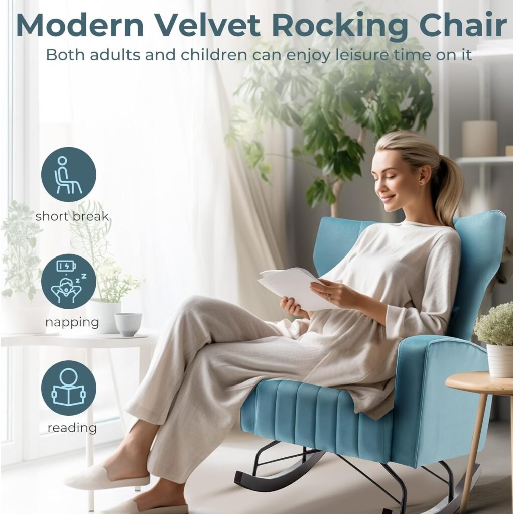 Unovivy Rocking Chair Nursery, Velvet Upholstered Nursing Armchair with Wooden Base, Baby Glider Rocker with Wide Backrest, Comfy Gliding Seat for Living Room, Bedroom, Office, 35 Inches Depth, Beige