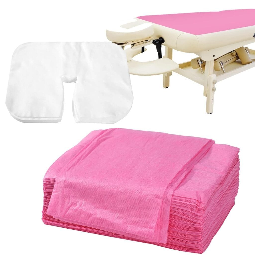 Uralili 100 Pieces Disposable Non Woven Massage Table Sheets Set Include 50 Pieces 31x71 Inches Soft Massage Bed Sheet  11x14 Inches Face Cradle Covers For Massage Beauty Salon - Pink