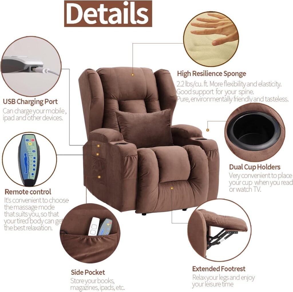 URRED Recliner Chair,Velvet Fabric Power Lift Recliner with Heat  Massage,Ergonomic Lounge Chair Classic Single Lazy Boy Sofa with 2 Cup Holders,Lumbar Pillow,Side Pockets,USB Ports(Brown)