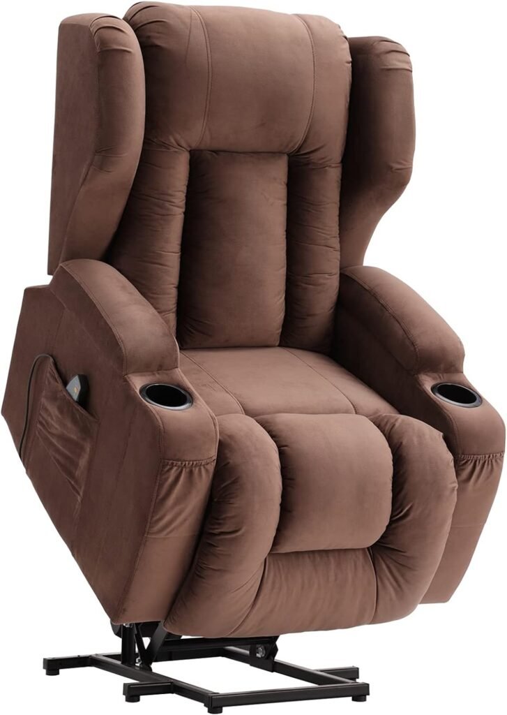 URRED Recliner Chair,Velvet Fabric Power Lift Recliner with Heat  Massage,Ergonomic Lounge Chair Classic Single Lazy Boy Sofa with 2 Cup Holders,Lumbar Pillow,Side Pockets,USB Ports(Brown)