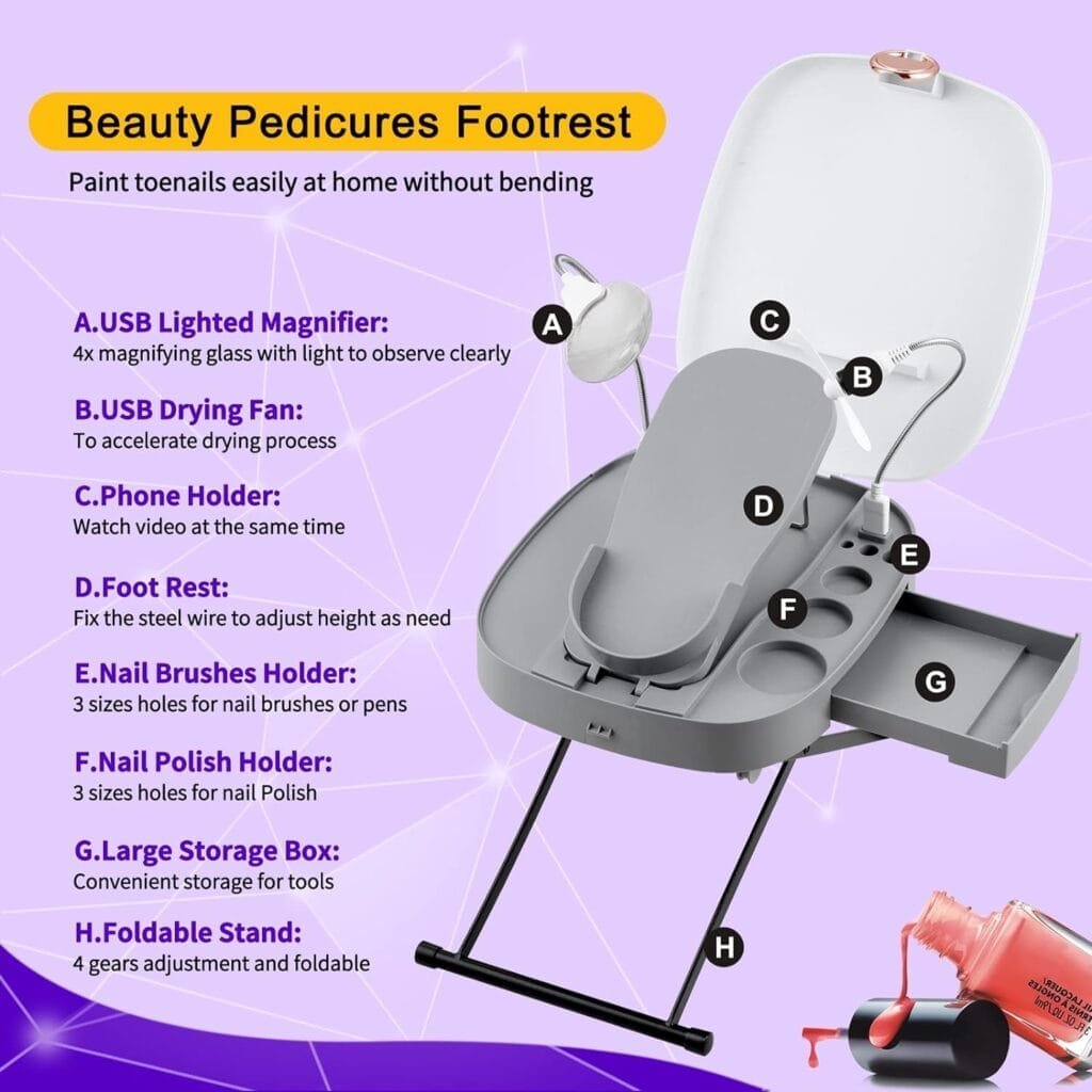 USLADYFONG Pedicure Stool with LED Magnifier Drying Fan The Pedicure Tools for Easy at-Home Pedicures Adjustable Pedicure Foot Rest, Non-Slip Sturdy Legs  Built-in Storage Beauty Kits for Women