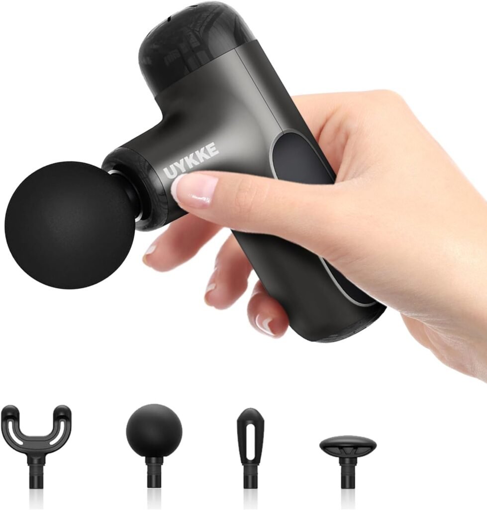 UYKKE Mini Massage Gun, Portable Deep Tissue Massager Gun, Handheld Muscle Massagers with 5 Intensities, 4 Heads, Carry Bag, USB Charging- for Home Gym Travel Outdoors Grey (Black) (Grey)