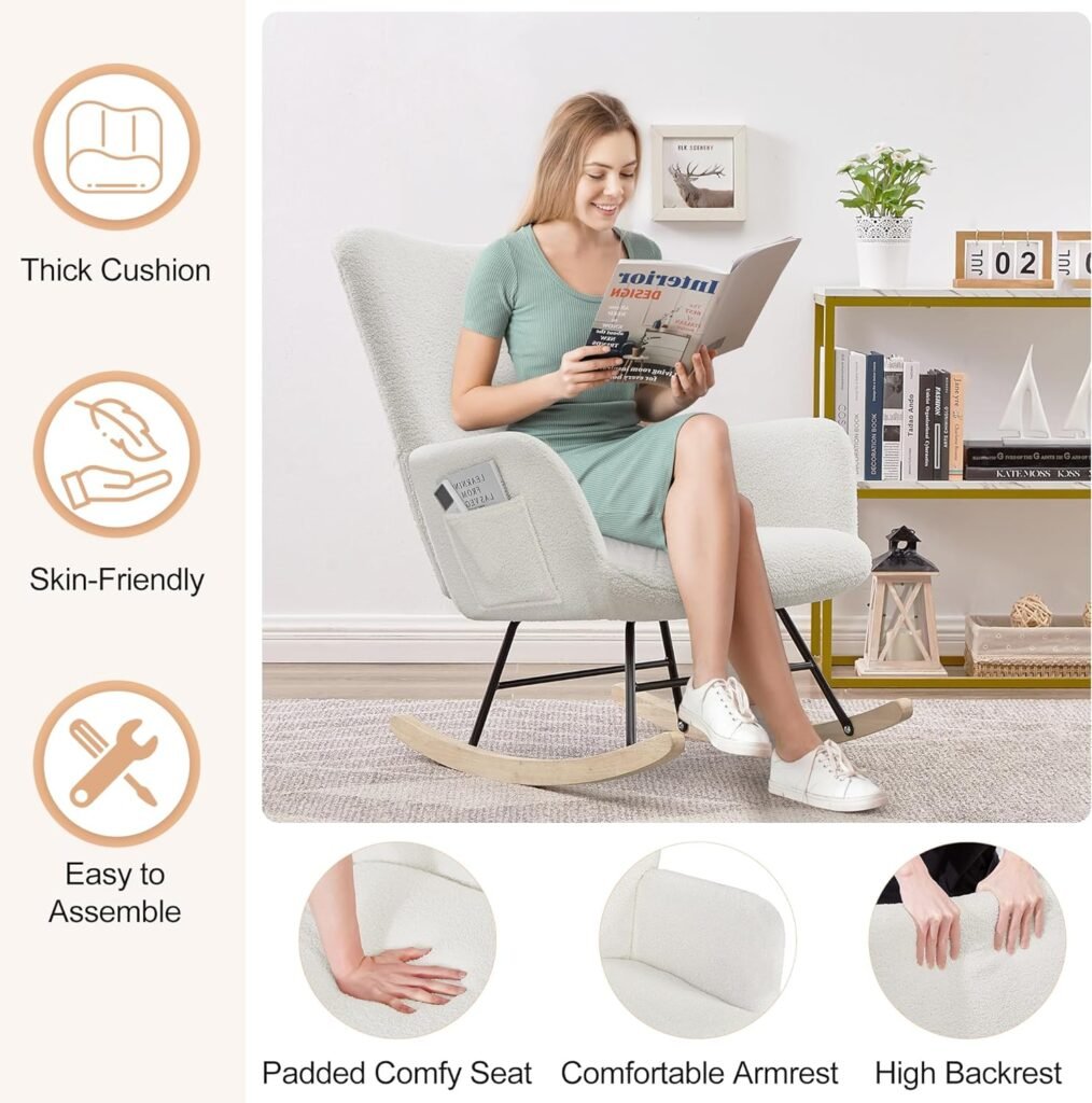 VECELO Rocking Chair, Modern Upholstered Teddy Fabric Nursery Glider with Padded Seat, High Backrest, Armchair and Pocket for Living Room Bedroom Balcony Offices, Grey