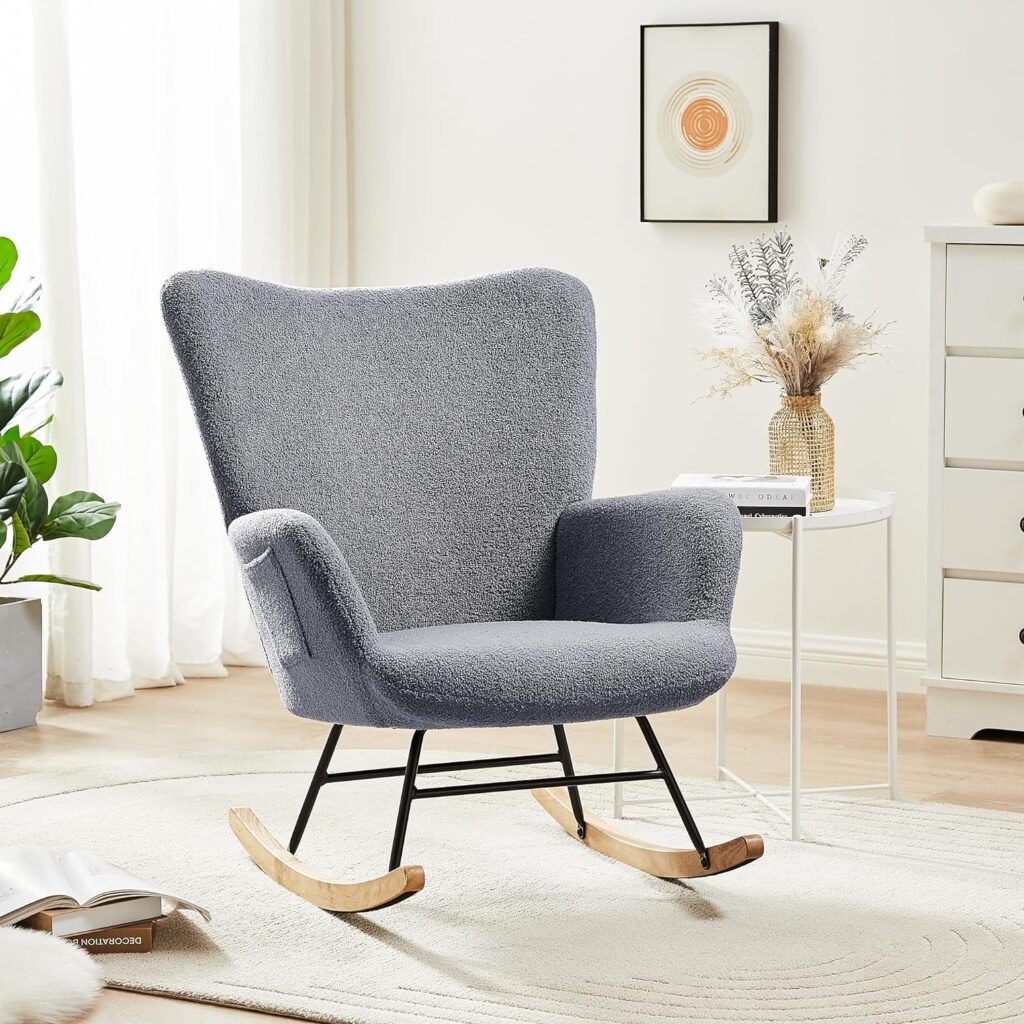 VECELO Rocking Chair, Modern Upholstered Teddy Fabric Nursery Glider with Padded Seat, High Backrest, Armchair and Pocket for Living Room Bedroom Balcony Offices, Grey