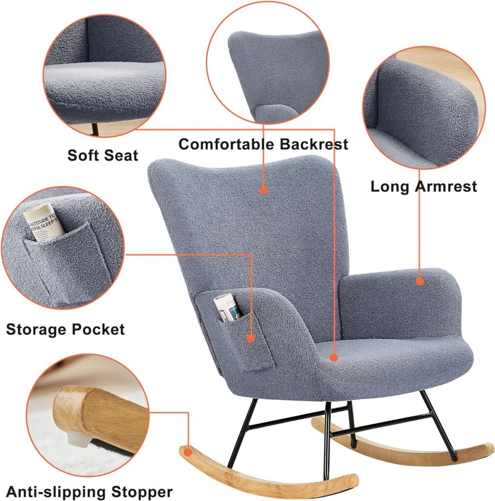 VECELO Rocking Chair, Modern Upholstered Teddy Fabric Nursery Glider with Padded Seat, High Backrest, Armchair and Pocket for Living Room Bedroom Balcony Offices, Grey