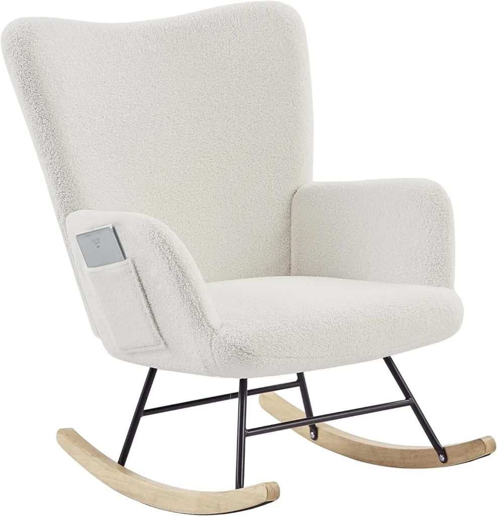 VECELO Rocking Chair, Modern Upholstered Teddy Fabric Nursery Glider with Padded Seat, High Backrest, Armchair and Pocket for Living Room Bedroom Balcony Offices, White VECELO Rocking Chair, Modern Upholstered Teddy Fabric Nursery Glider with Padded Seat, High Backrest, Armchair and Pocket for Living Room Bedroom Balcony Offices, White