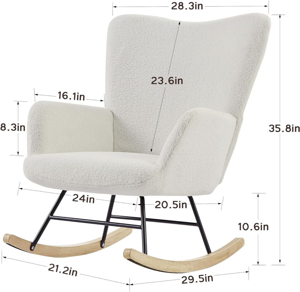 VECELO Rocking Chair, Modern Upholstered Teddy Fabric Nursery Glider with Padded Seat, High Backrest, Armchair and Pocket for Living Room Bedroom Balcony Offices, White