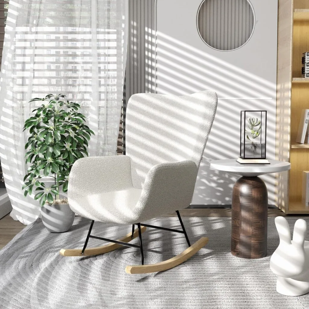 VECELO Rocking Chair, Modern Upholstered Teddy Fabric Nursery Glider with Padded Seat, High Backrest, Armchair and Pocket for Living Room Bedroom Balcony Offices, White VECELO Rocking Chair, Modern Upholstered Teddy Fabric Nursery Glider with Padded Seat, High Backrest, Armchair and Pocket for Living Room Bedroom Balcony Offices, White