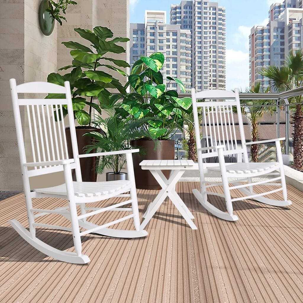 VEIKOU Outdoor Rocking Chairs, Set of 3 Wooden Rocking Chair All Weather Resistant Porch Rocker w/High Back  Side Table, Supports 275Lbs, White