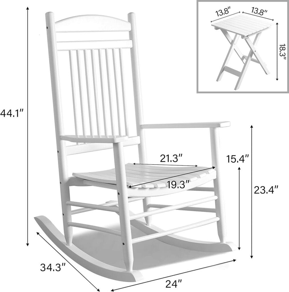 VEIKOU Outdoor Rocking Chairs, Set of 3 Wooden Rocking Chair All Weather Resistant Porch Rocker w/High Back  Side Table, Supports 275Lbs, White