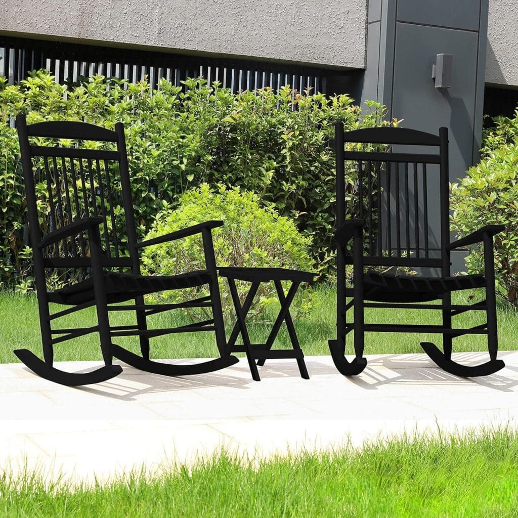 VEIKOU Outdoor Rocking Chairs, Set of 3 Wooden Rocking Chair All Weather Resistant Porch Rocker w/High Back  Side Table, Supports 275Lbs, White