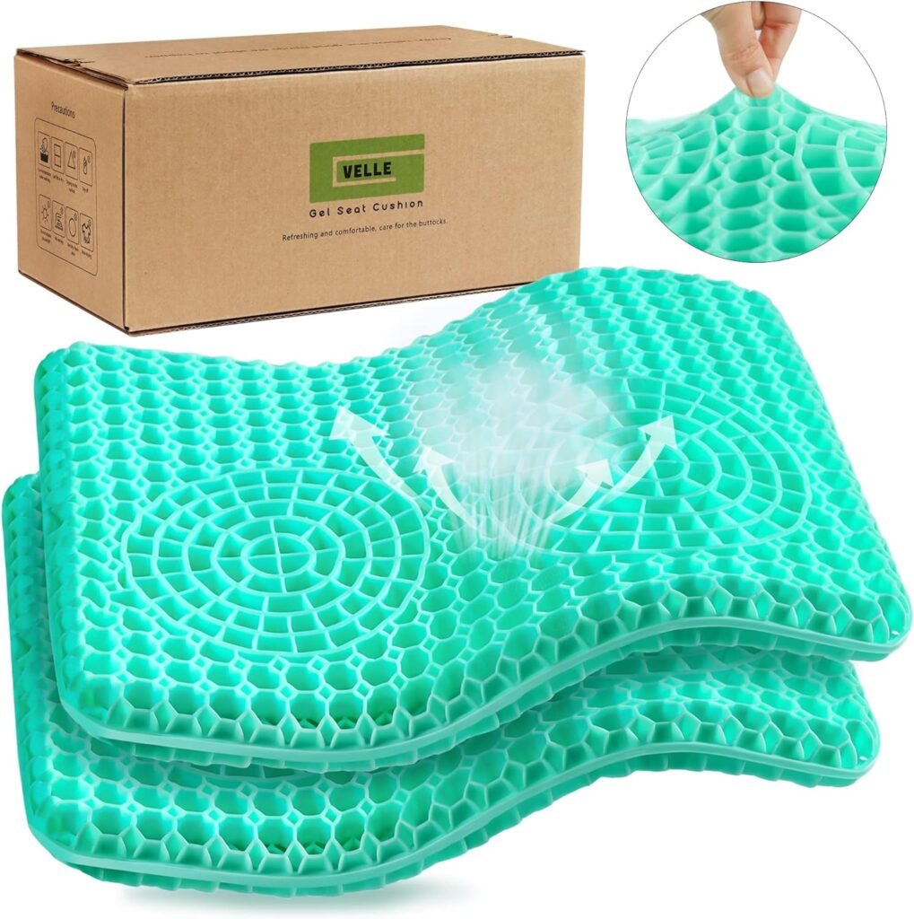 VELLE Gel Cushion for Sitting 2 Pack Gel Seat Cushion Double Thick Honeycomb Relief Sciatica Pain Cushion with Non-Slip Cover