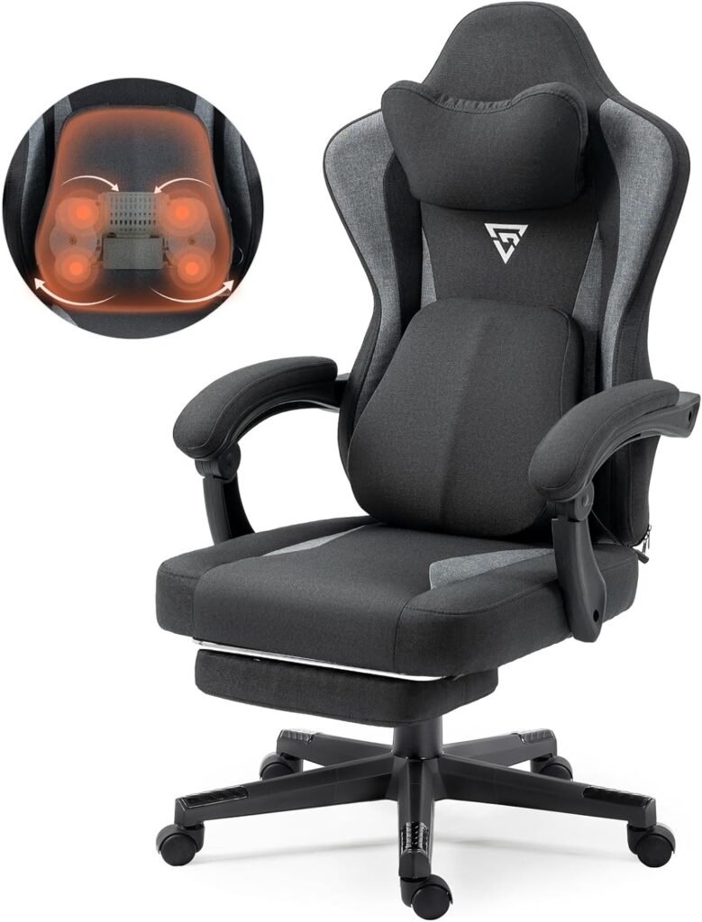 Vigosit Gaming Chair with Heated Massage Lumbar Support, Breathable Fabric Office Chair with Pocket Spring Cushion and Footrest, Recliner High Back PC Chair for Adult Black