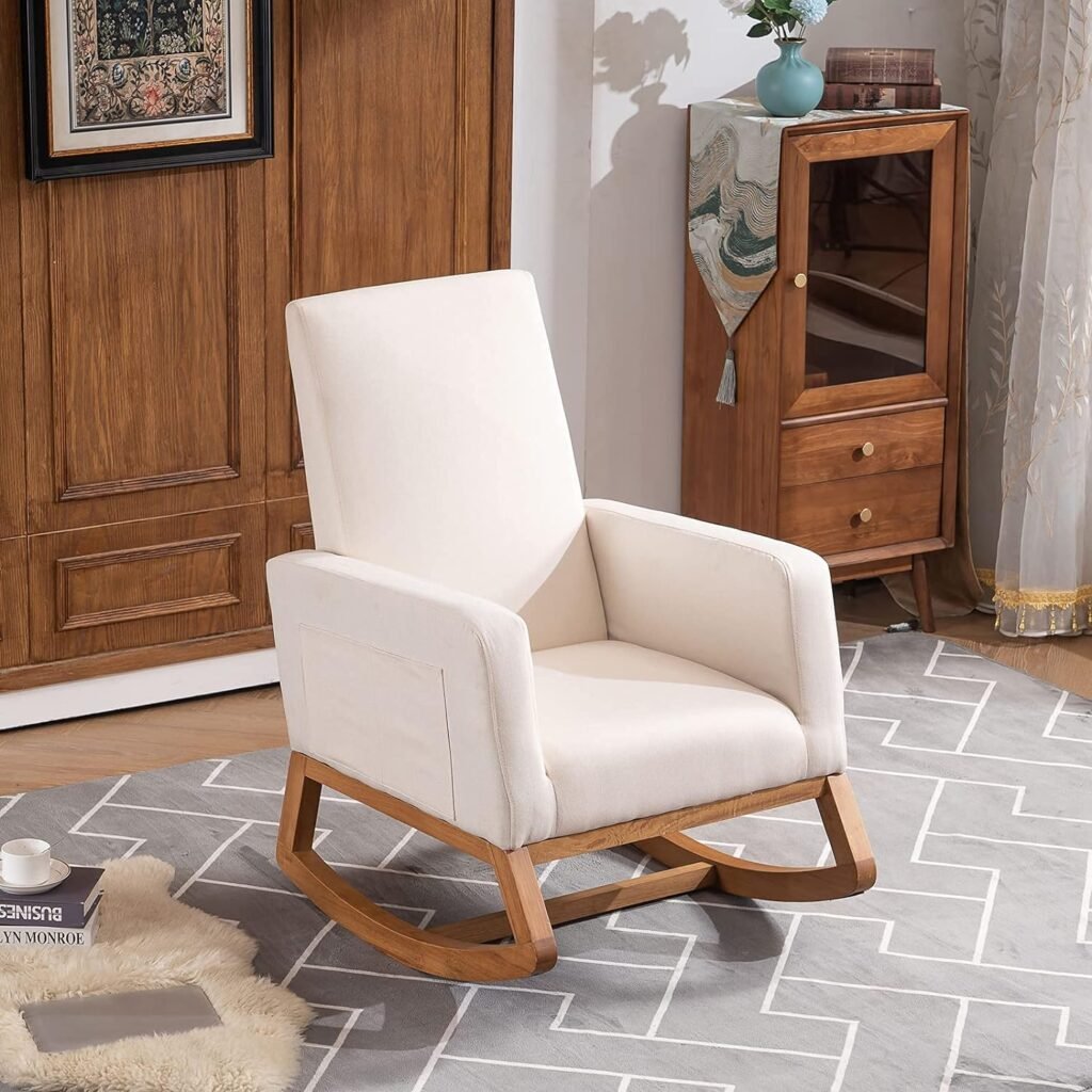 VINGLI Mid Century Nursery Rocker Cream Rocking Chair for Bedroom, Nursery Chair Upholstered Nursery Rocking Chairs with Solid Wood Base/Storage Side Pocket