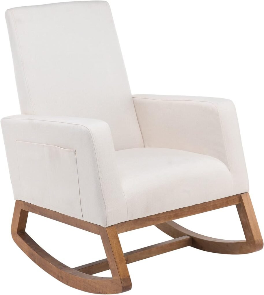 VINGLI Mid Century Nursery Rocker Cream Rocking Chair for Bedroom, Nursery Chair Upholstered Nursery Rocking Chairs with Solid Wood Base/Storage Side Pocket