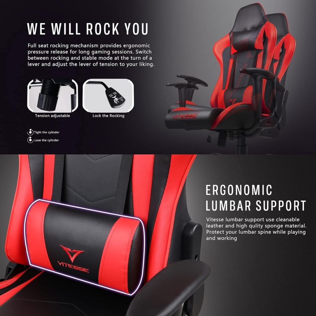 VITESSE Ergonomic Red Gaming Chair for Adults, 330 lbs PC Computer Chair, Racing Office Chair, Silla Gamer Height Adjustable Swivel Chair with Lumbar Support and Headrest…