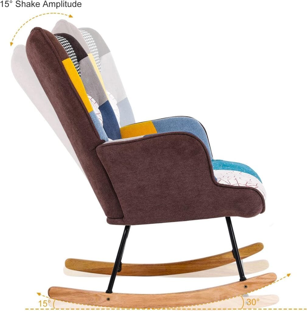 VNSiOSIR Rocking Chair, Tufted Upholstered Rocking Chair Nursery, Boho Rocking Accent Armchair Glider Chairs with Linen Fabric and Solid Wood Base for Living Room, Bedroom Baby Room (Blue)