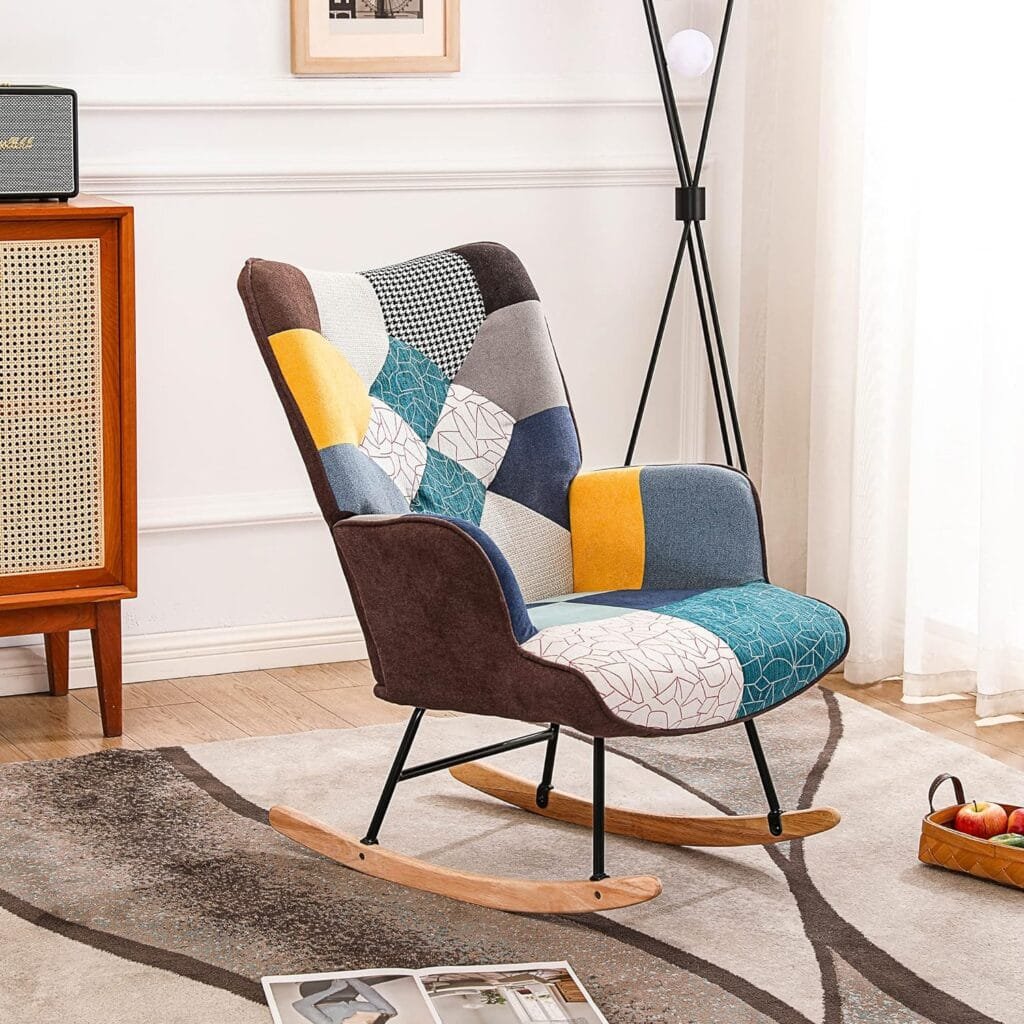 VNSiOSIR Rocking Chair, Tufted Upholstered Rocking Chair Nursery, Boho Rocking Accent Armchair Glider Chairs with Linen Fabric and Solid Wood Base for Living Room, Bedroom Baby Room (Blue)
