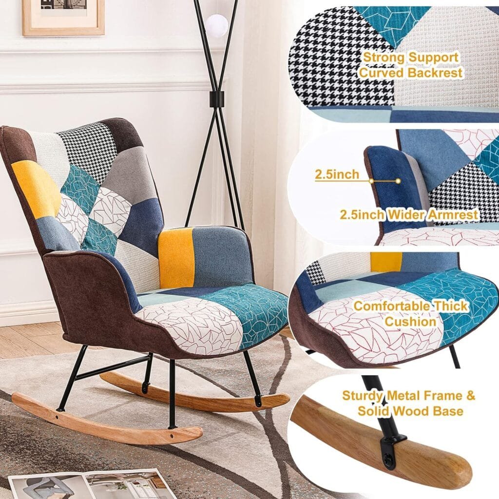 VNSiOSIR Rocking Chair, Tufted Upholstered Rocking Chair Nursery, Boho Rocking Accent Armchair Glider Chairs with Linen Fabric and Solid Wood Base for Living Room, Bedroom Baby Room (Blue)