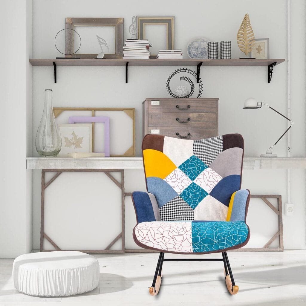 VNSiOSIR Rocking Chair, Tufted Upholstered Rocking Chair Nursery, Boho Rocking Accent Armchair Glider Chairs with Linen Fabric and Solid Wood Base for Living Room, Bedroom Baby Room (Blue)
