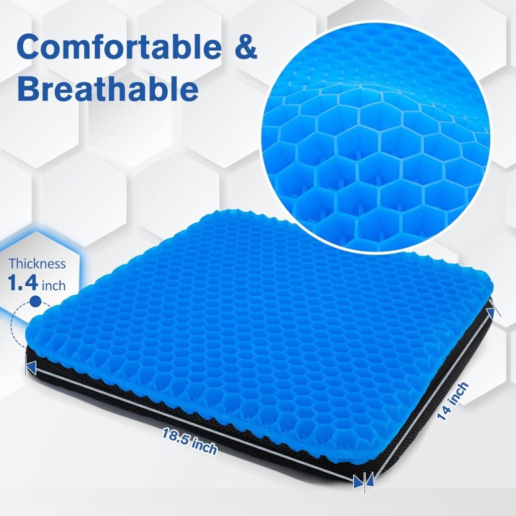 Wansimoo Gel Seat Cushion,Car or Office Chair Seat Cushion,for Pressure Relief Pain,with Non-Slip Cover,Thickened Double Honeycomb Breathable Design,Blue(18.5x17x1.4)