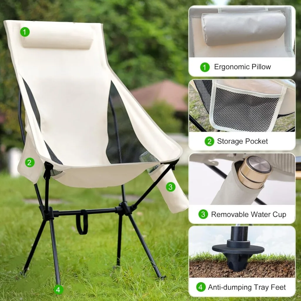 WEST TUNE Lightweight High Back Camping Chair,Portable Folding Chairs,330LBS Load Capacity with Headrest  Pocket for Outdoor Camp Travel Beach Travel Hiking