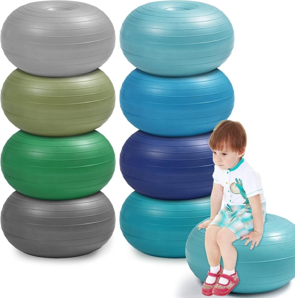 Wettarn 8 Pcs Flexible Seating for Classroom Inflatable Donut Ball Chair with Hand Pump Elementary Yoga Ball with Black Inflator Floor Cushion for Kids Exercise Balance Training Student Desk Chairs