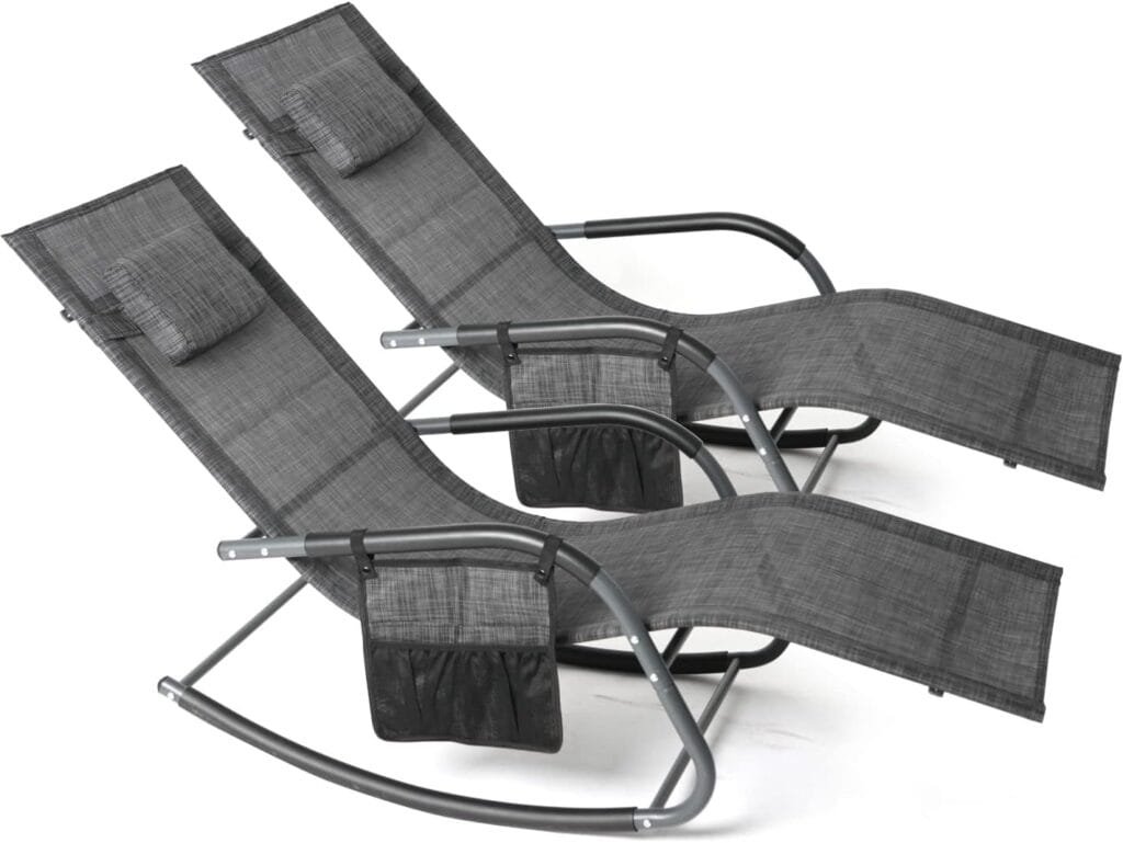 Wostore Rocking Lounger Patio Chaise Sunbathing Chair with Recliner Movable Sleep Bed Included Pillow and Breathable Texteline Farbic-Camouflage Grey Set of 2