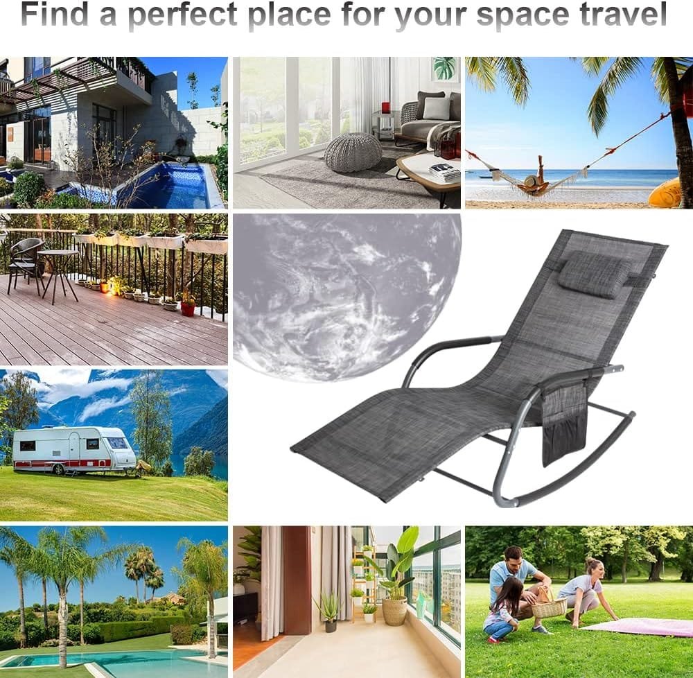 Wostore Rocking Lounger Patio Chaise Sunbathing Chair with Recliner Movable Sleep Bed Included Pillow and Breathable Texteline Farbic-Camouflage Grey Set of 2