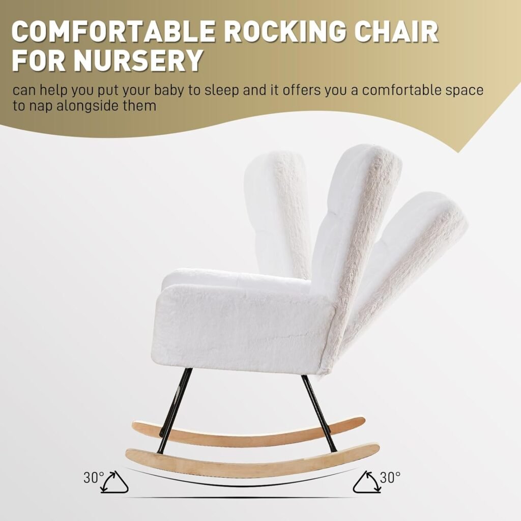 Wrofly Rocking Chair,Rocking Chair for Nursery,Teddy Fabric Upholstered Rocking Chair with High Backrest,Nursery Rocking Chair,Glider Chair Chairs for Living Room Bedroom Office (White)