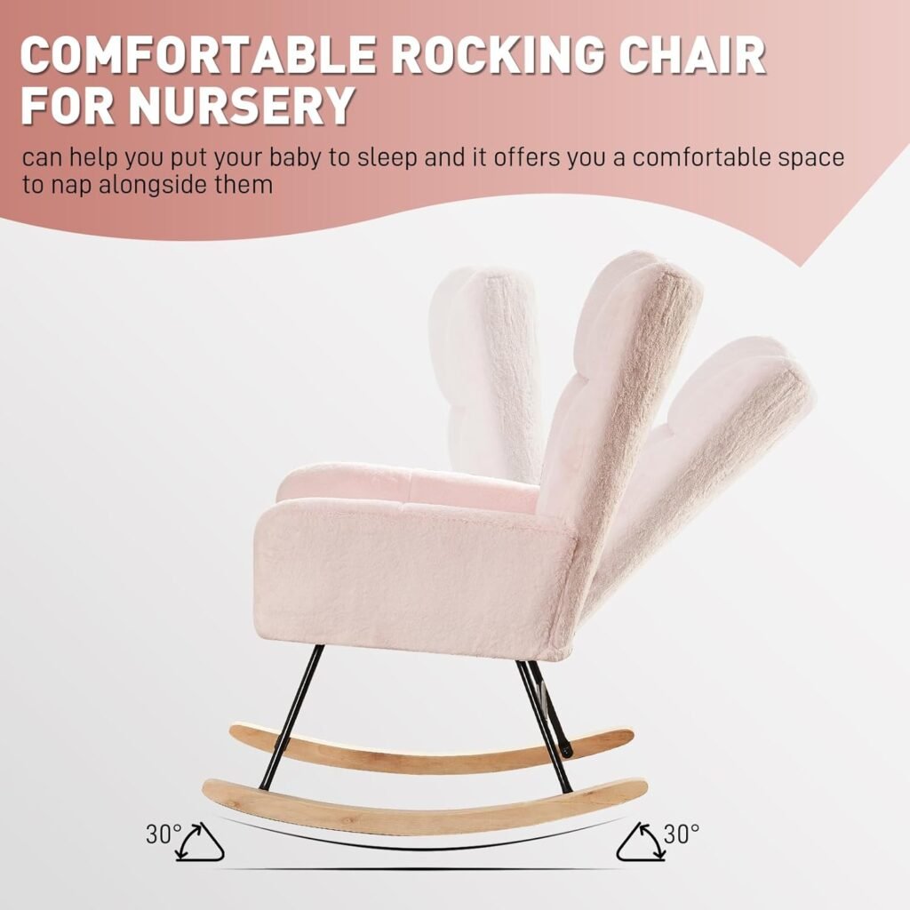 Wrofly Rocking Chair,Rocking Chair for Nursery,Teddy Fabric Upholstered Rocking Chair with High Backrest,Nursery Rocking Chair,Glider Chair Chairs for Living Room Bedroom Office (White)