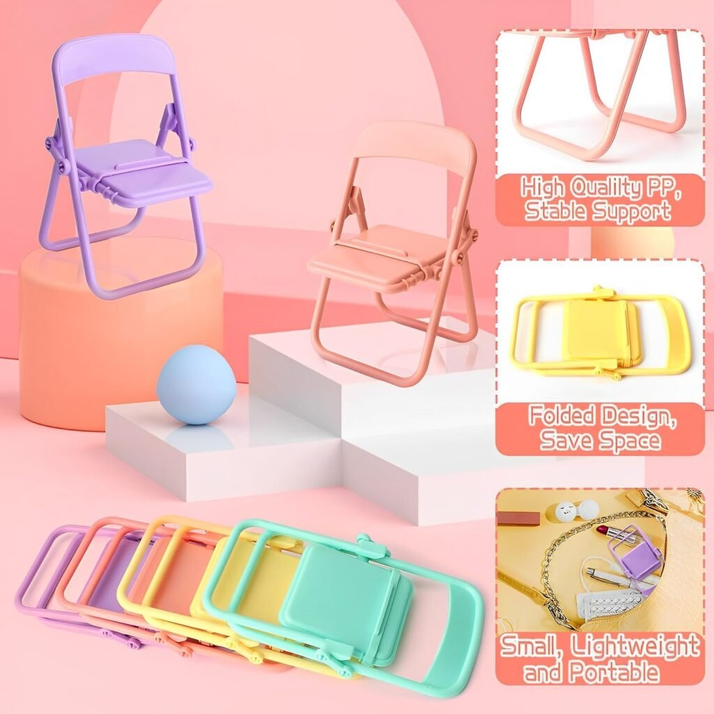 XIDIAK 10pcs Folding Chair Phone Stand, Mini Foldable Chair Phone Stand, Candy Color Universal Mobile Phone Holder, Foldable Stool Desk Decor Gift Accessories, Cute Mini Things