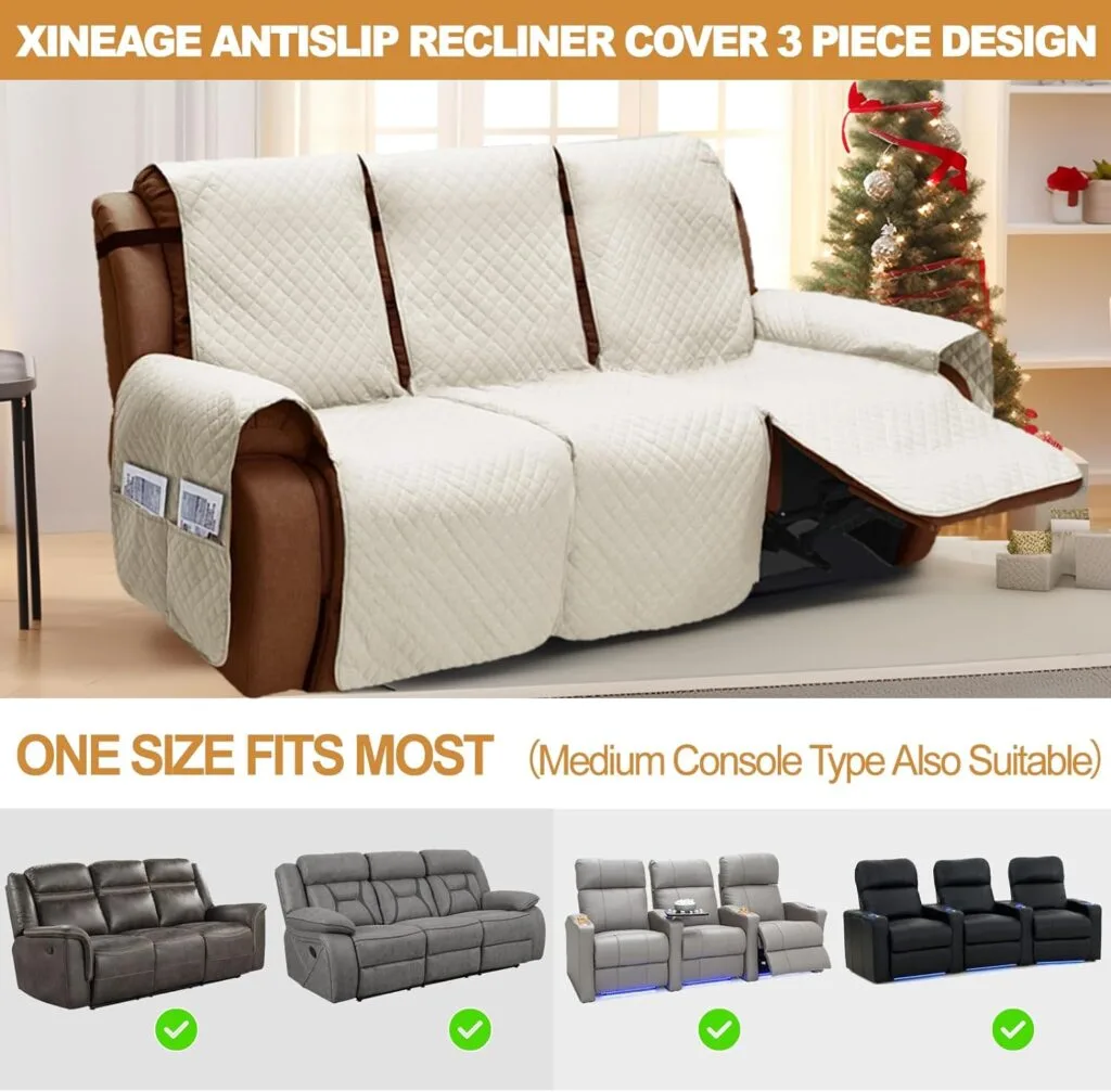 XINEAGE Water Resistant Recliner Cover, Nonslip Recliner Chair Covers for Reclining Chair with Pockets, Quilted Thick Recliner Slipcovers for Pets and Kids (Recliner Chair, Dark Gray)