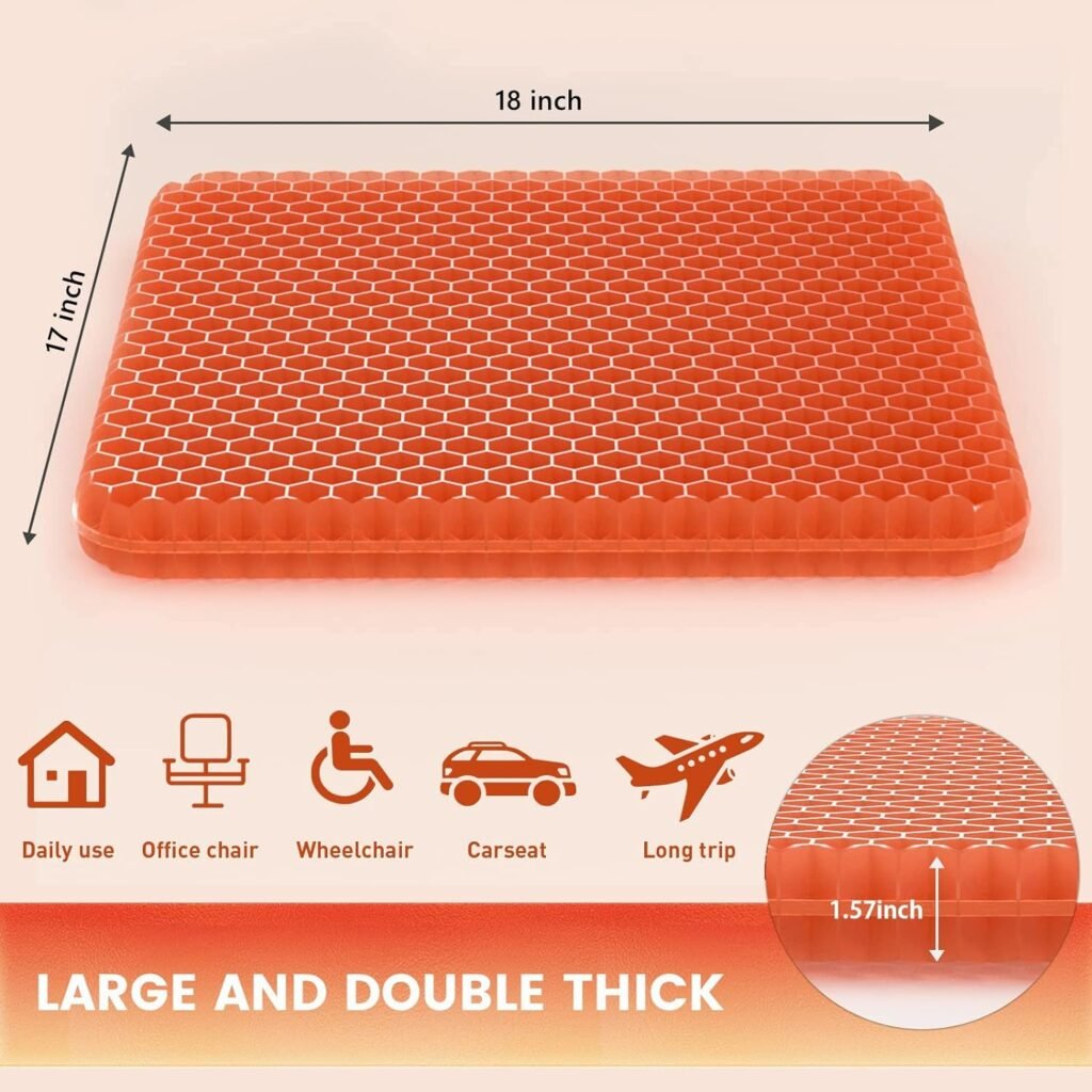 XSIUYU Extra-Large Gel Seat Cushion for Long Sitting - Back, Hip, Tailbone Pain Relief Cushion - Gel Seat Cushion for Office Chair, Cars - Egg Seat Gel Cushion for Wheelchair Pressure Relief Black