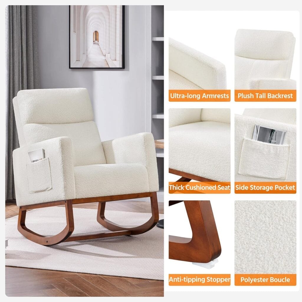 Yaheetech Upholstered Rocking Chair, Boucle Nursery Glider Chair with High Back and Side Pocket, Rocking Accent Armchair with Rubber Wood Legs for Living Room/Bedroom/Nursery, Ivory