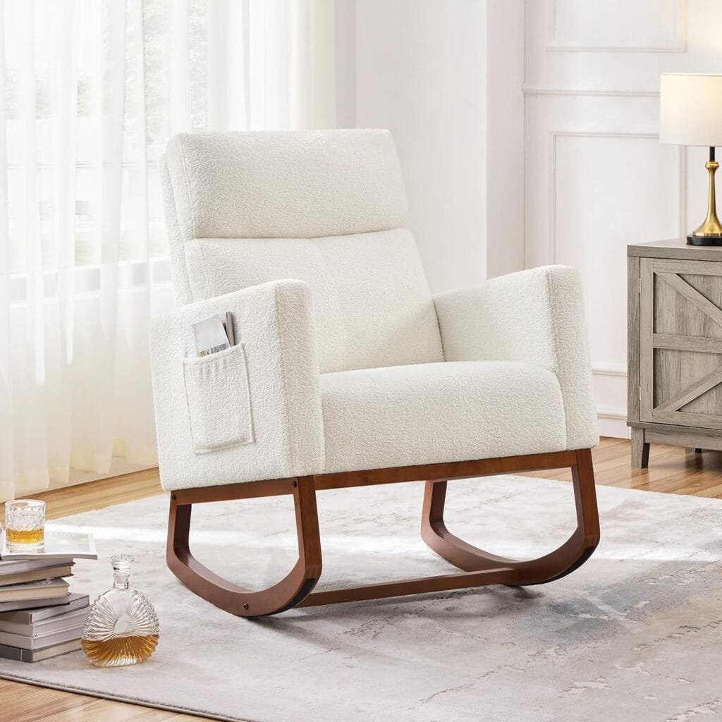 Yaheetech Upholstered Rocking Chair, Boucle Nursery Glider Chair with High Back and Side Pocket, Rocking Accent Armchair with Rubber Wood Legs for Living Room/Bedroom/Nursery, Ivory
