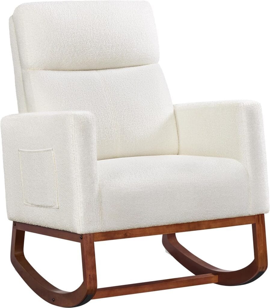 Yaheetech Upholstered Rocking Chair, Boucle Nursery Glider Chair with High Back and Side Pocket, Rocking Accent Armchair with Rubber Wood Legs for Living Room/Bedroom/Nursery, Ivory