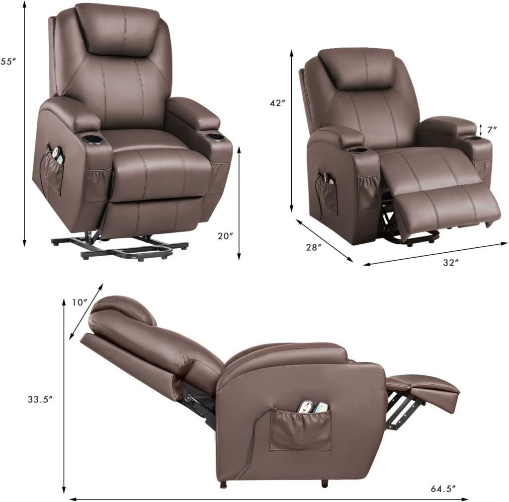 YESHOMY Swivel Rocker Recliner with Massage and Heating Functions, Sofa Chair with Remote Control and Two Cup Holders, Suitable for Living Room, PU Leather Dark Black