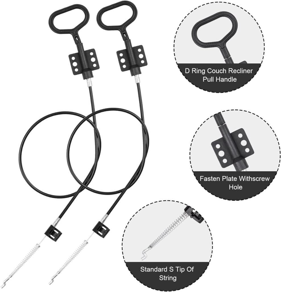 YEYETUO Sofa Recliner Cables, 2PCS Couch Release Cables Replacement D Ring Couch Recliner Pull Handle, Recliner Pull Cable Replacement Hook Exposed Cable Length 4.75 Inch, Total Length 36.5 Inch
