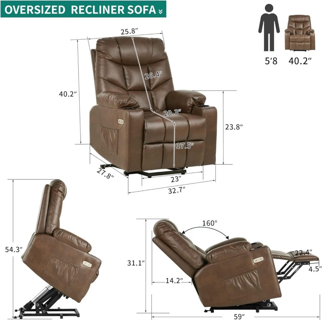 YITAHOME Electric Power Lift Recliner Chair for Elderly, Fabric Recliner Chair with Massage and Heat, Spacious Seat, USB Ports, Cup Holders, Side Pockets, Remote Control (Brown)