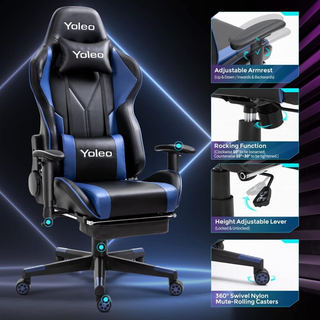 YOLEO Gaming Chair, PC Gaming Chair with Footrest, Ergonomic Office Chair with Adjustable Headrest/Lumbar Support / 2D Armrest, 90°-155° Reclining Chair, Racing Computer Desk Chair, Blue/Black