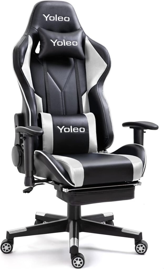 YOLEO Gaming Chair, PC Gaming Chair with Footrest, Ergonomic Office Chair with Adjustable Headrest/Lumbar Support / 2D Armrest, 90°-155° Reclining Chair, Racing Computer Desk Chair, Blue/Black