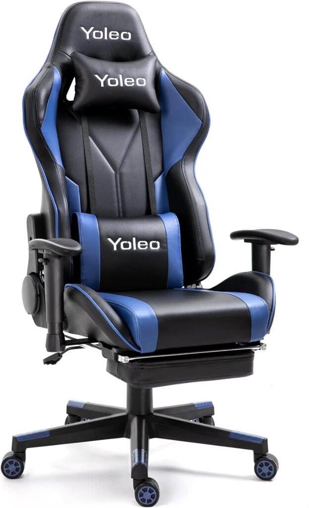 YOLEO Gaming Chair, PC Gaming Chair with Footrest, Ergonomic Office Chair with Adjustable Headrest/Lumbar Support / 2D Armrest, 90°-155° Reclining Chair, Racing Computer Desk Chair, Blue/Black