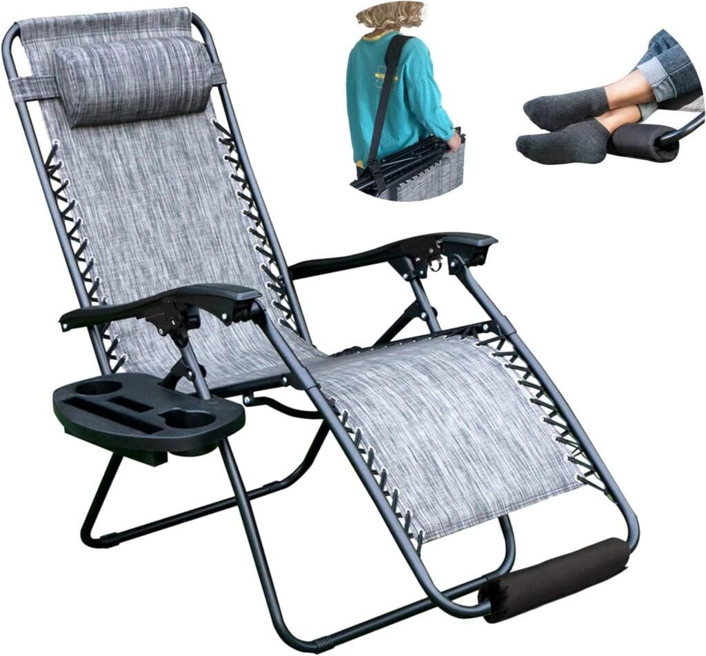 YOMIFUN Zero Gravity Chair, Lawn Chair, Folding Recliner Lounge Chair, Everything Included with Padded Head Pillow, Holder Tray, Shoulder Strap, Footrest Cushion, Grey