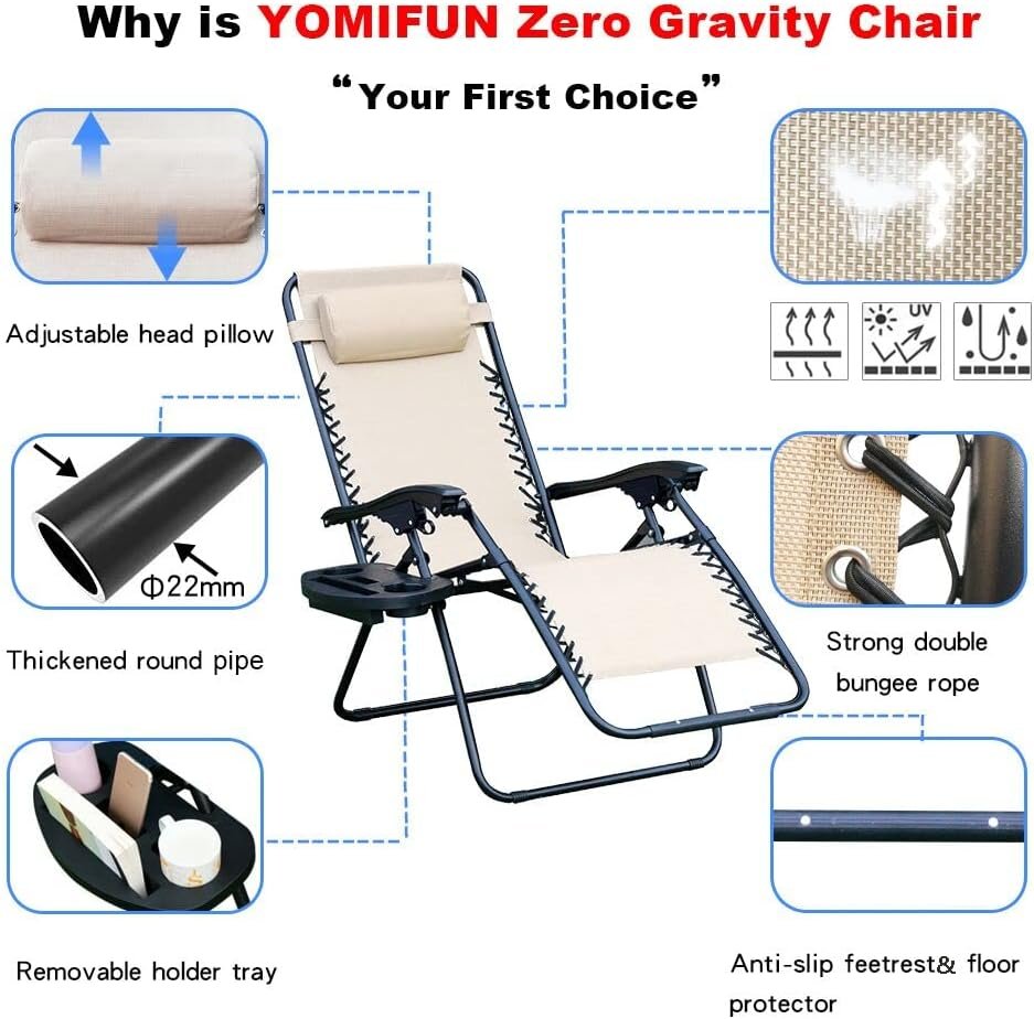 YOMIFUN Zero Gravity Lawn Recliner Lounge Chair with Removable Pillow and Side Table, Tan