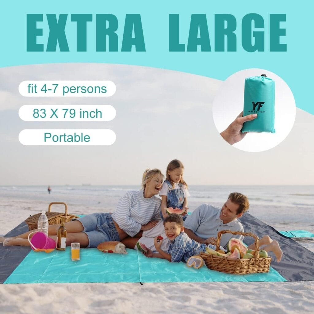 Yonge  Finch Large Beach Blanket Sandproof Heat-Resistent Beach Mat Machine Washable Camp Blanket Packable Pocket Blanket Waterproof Outdoor Blanket Fit 4-7 Persons 83 * 79inch Acid Blue
