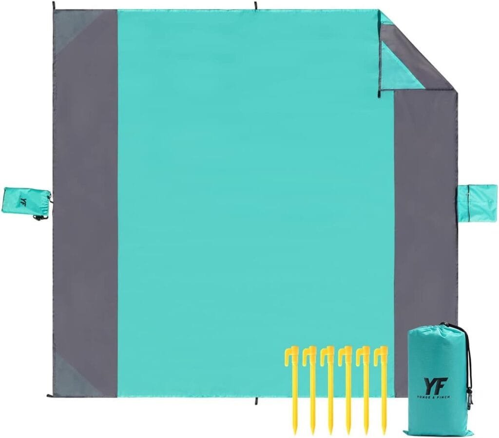Yonge  Finch Large Beach Blanket Sandproof Heat-Resistent Beach Mat Machine Washable Camp Blanket Packable Pocket Blanket Waterproof Outdoor Blanket Fit 4-7 Persons 83 * 79inch Acid Blue